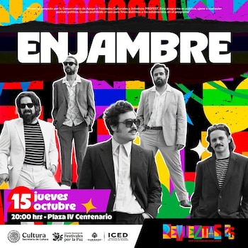 Cartel promocional con la palabra Enjambre, cinco integrantes de la banda en blanco y negro, la fecha 15 de octubre y varios logotipos