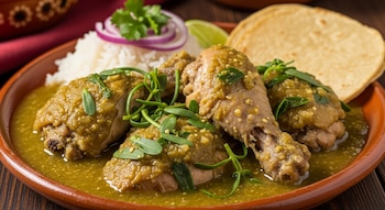 Cuatro piezas de pollo bañadas en salsa verde, acompañadas de arroz, dos tortillas, una rodaja de lima, cebolla morada y hojas de verdolaga.