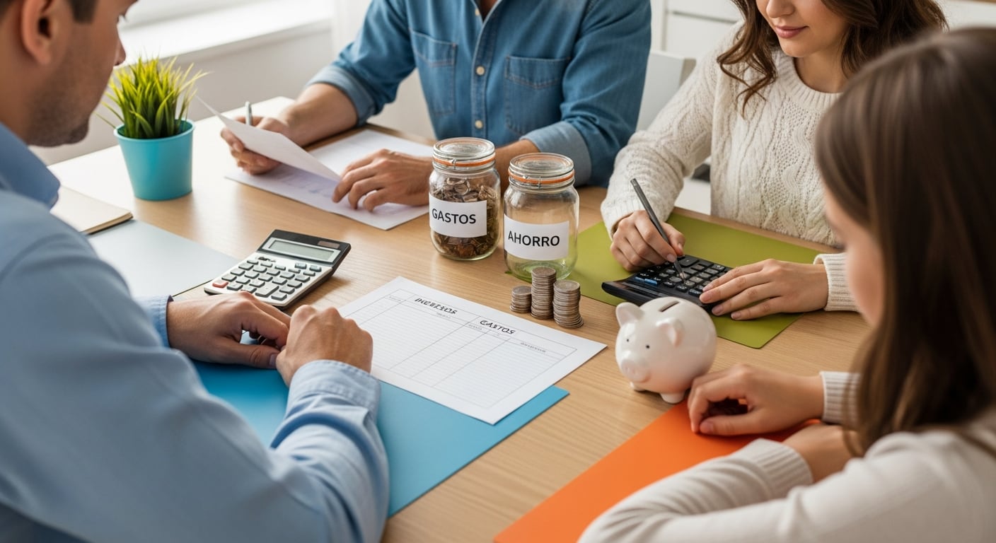 Una familia se reúne en casa para discutir y organizar sus finanzas personales, calculando ingresos y gastos mientras establecen metas de ahorro para el futuro. (Imagen Ilustrativa Infobae)