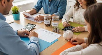 Familia en mesa de madera revisando finanzas con calculadoras, papeles y frascos de 'GASTOS' y 'AHORRO'. Monedas apiladas y alcancía de cerdo.