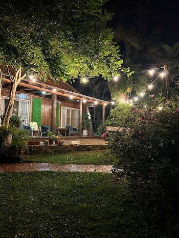 Una cabaña de madera iluminada con luces de guirnalda de noche, rodeada por un jardín con árboles, plantas y un gato en el patio