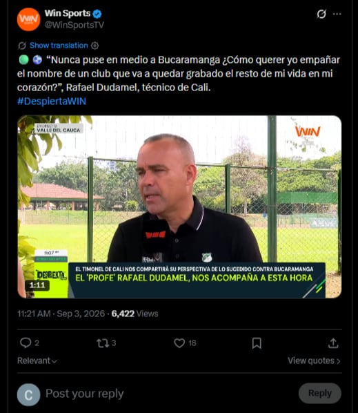 El entrenador afirmó que mantiene un vínculo afectivo con el club y cuestionó el episodio con su colega de Bucaramanga-crédito @WinSportsTV/X