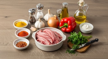 Tiras de lomo de cerdo en un recipiente, junto a pimiento rojo, cebolla, ajos, perejil, especias variadas, crema y aceites sobre una mesa de madera.