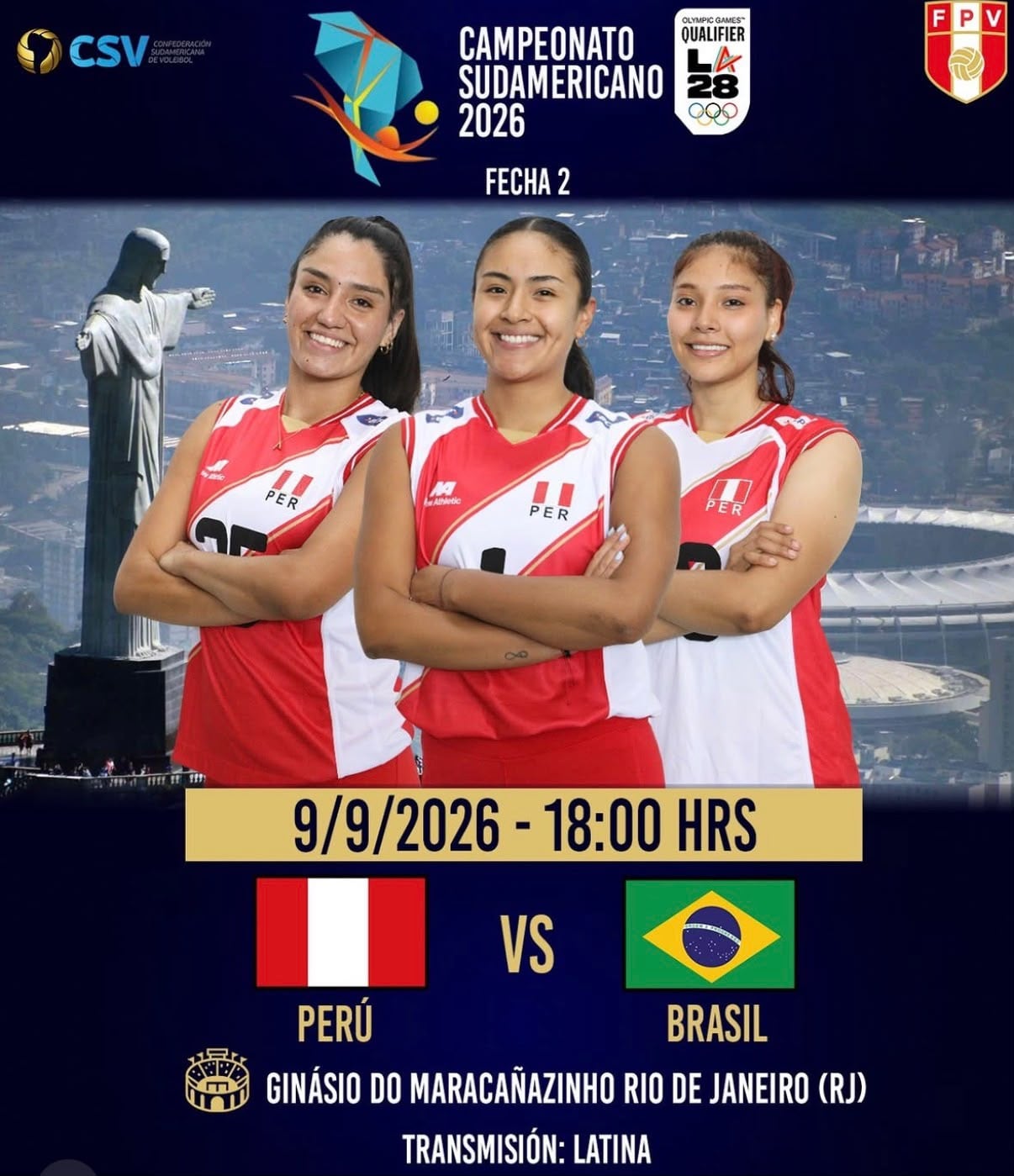 Perú se enfrentará a Brasil en la fecha 2 del Campeonato Sudamericano de Vóley 2026.