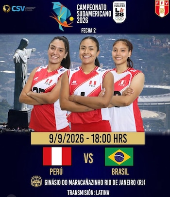 Perú se enfrentará a Brasil en la fecha 2 del Campeonato Sudamericano de Vóley 2026.