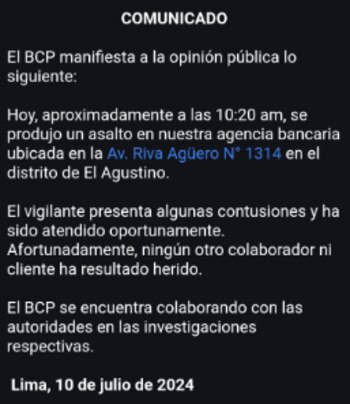 Comunicado emitido por el BCP.