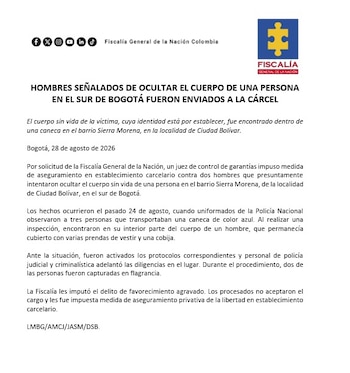 La Fiscalía General de la Nación judicializó a dos hombres señalados de intentar ocultar el cuerpo sin vida de una persona, que era transportado en una caneca por el barrio Sierra Morena, en la localidad de Ciudad Bolívar - crédito Fiscalía