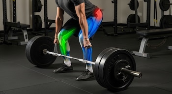 Una persona realiza peso muerto en un gimnasio, con espalda recta y la barra cerca de las piernas. Los músculos isquiotibiales, glúteos y zona lumbar están resaltados con colores.