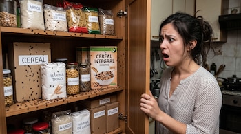 Una mujer observa el interior de una alacena con numerosos insectos negros sobre frascos y paquetes de cereales, granos y harina.