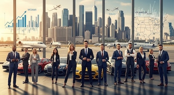 Grupo de empresarios y empresarias en hangar con jets privados, autos de lujo y rascacielos. Gráficos financieros y mapa de Estados Unidos al fondo.