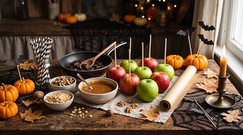 Manzanas rojas y verdes con palillos, cuencos con caramelo y frutos secos, sartén con chocolate y calabazas pequeñas sobre una mesa de madera.