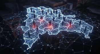 Mapa luminoso de República Dominicana con divisiones internas y una red de líneas y puntos. Siluetas de personas sobre el mapa con puntos rojos brillantes.