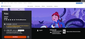 Captura de pantalla de la PlayStation Store, página del juego Röki, personaje femenino de animación, cuervos, paisaje invernal, precio y detalles de la oferta