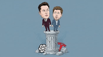 Ilustración de caricatura de Elon Musk y Sam Altman de pie sobre un pilar griego agrietado. A sus pies, los logos rotos de OpenAI y Tesla. Fondo azul desaturado.