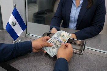 Manos que reciben billetes de cien dólares en una ventanilla bancaria junto a una pequeña bandera de El Salvador.