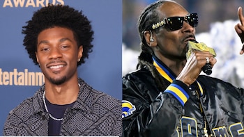 Composición de dos fotos con un hombre sonriente a la izquierda y Snoop Dogg con gafas de sol y micrófono a la derecha