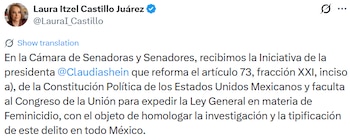 El Senado, encabezado por Laura Itzel Castillo, recibió la iniciativa para reformar el artículo 73.
