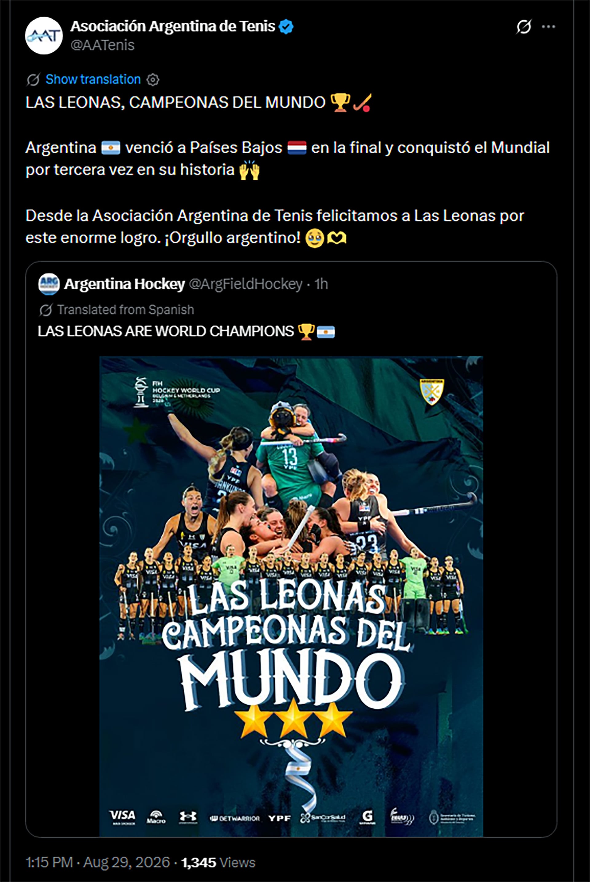 La Asociación Argentina de Tenis felicitó a la selección femenina de hockey sobre césped tras la obtención del campeonato mundial frente a Países Bajos