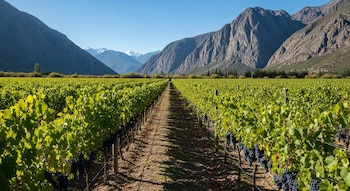 Vista de un viñedo con hileras de uvas Malbec maduras, un camino de tierra central, montañas rocosas al fondo y un cielo azul despejado.