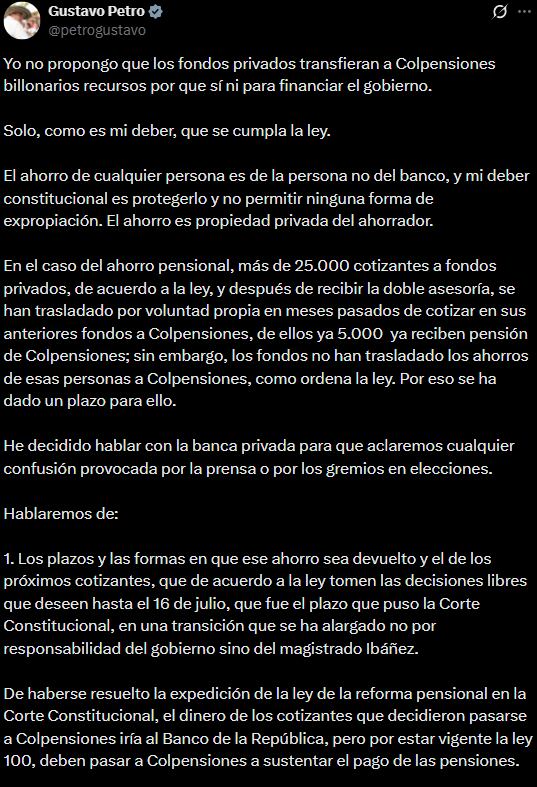 El Gobierno anunció diálogo con la banca para definir plazos en el traslado de recursos y evitar “choques financieros innecesarios”- crédito @Petrogustavo/X