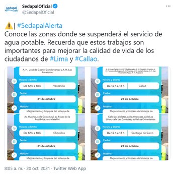 Foto: Sedapal/Twitter