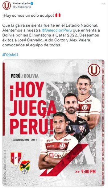 Universitario envía mensaje de aliento a la selección peruana