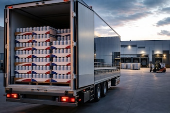 Un remolque de camión abierto con cajas de latas apiladas en su interior, estacionado frente a un almacén industrial con una carretilla.