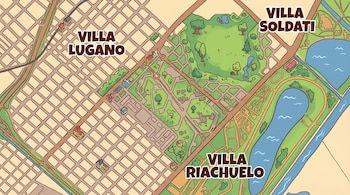 Mapa de estilo animado que muestra los barrios de Villa Lugano, Villa Soldati y Villa Riachuelo en Buenos Aires, con calles, parques y lagunas.