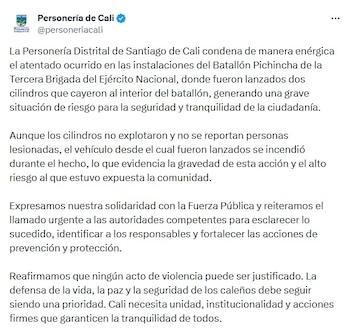 La Personería Distrital de Santiago de Cali se manifestó tras la reciente detonación en las instalaciones del Batallón Pichincha de la Tercera Brigada del Ejército Nacional - crédito @personeriacali/X