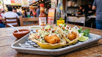 Dos tacos de pescado con col y aderezo sobre una bandeja metálica en una mesa de madera con botellas de salsa y agua.
