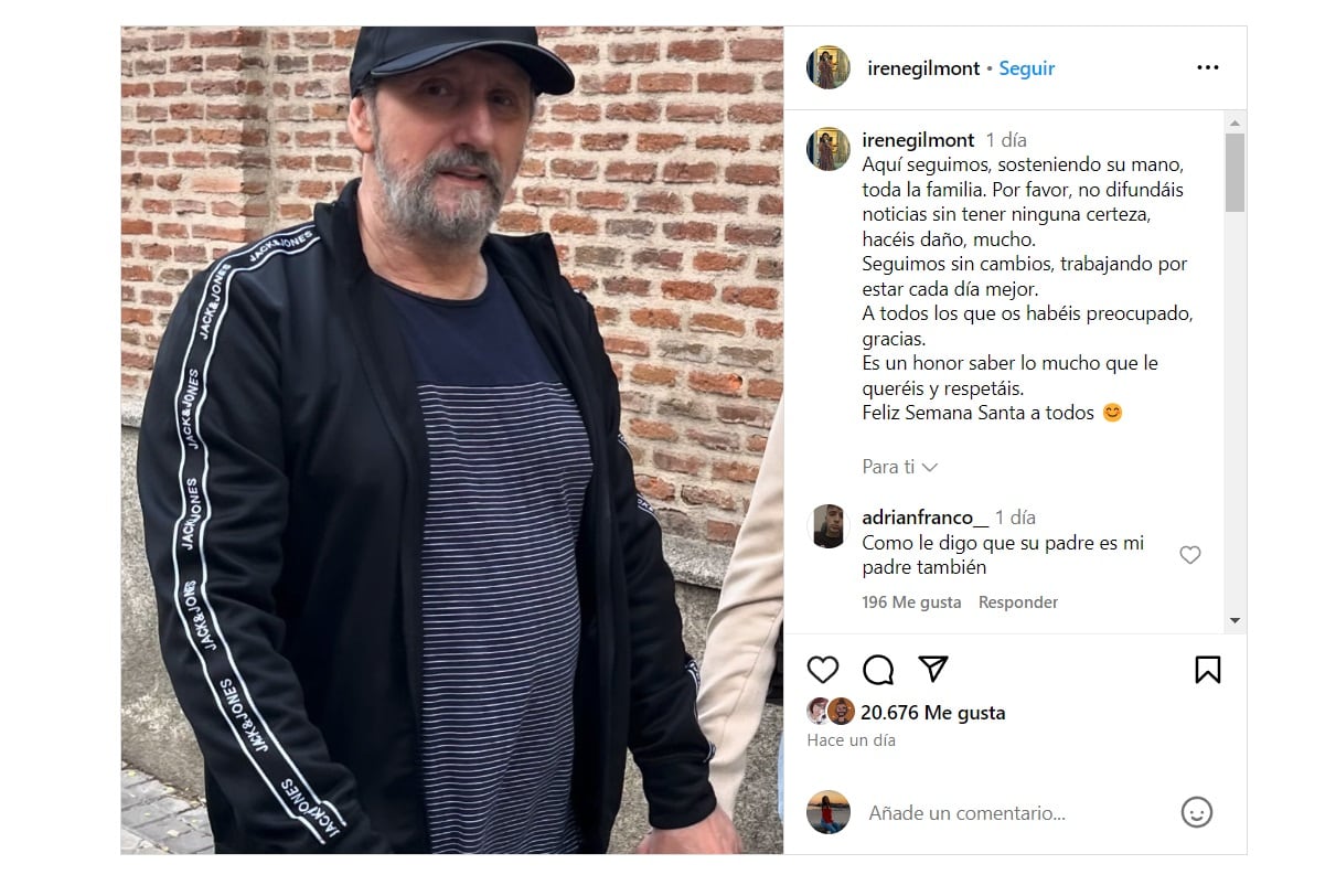 La hija de José Luis Gil, Irene Gil, manda un mensaje en redes (Instagram)