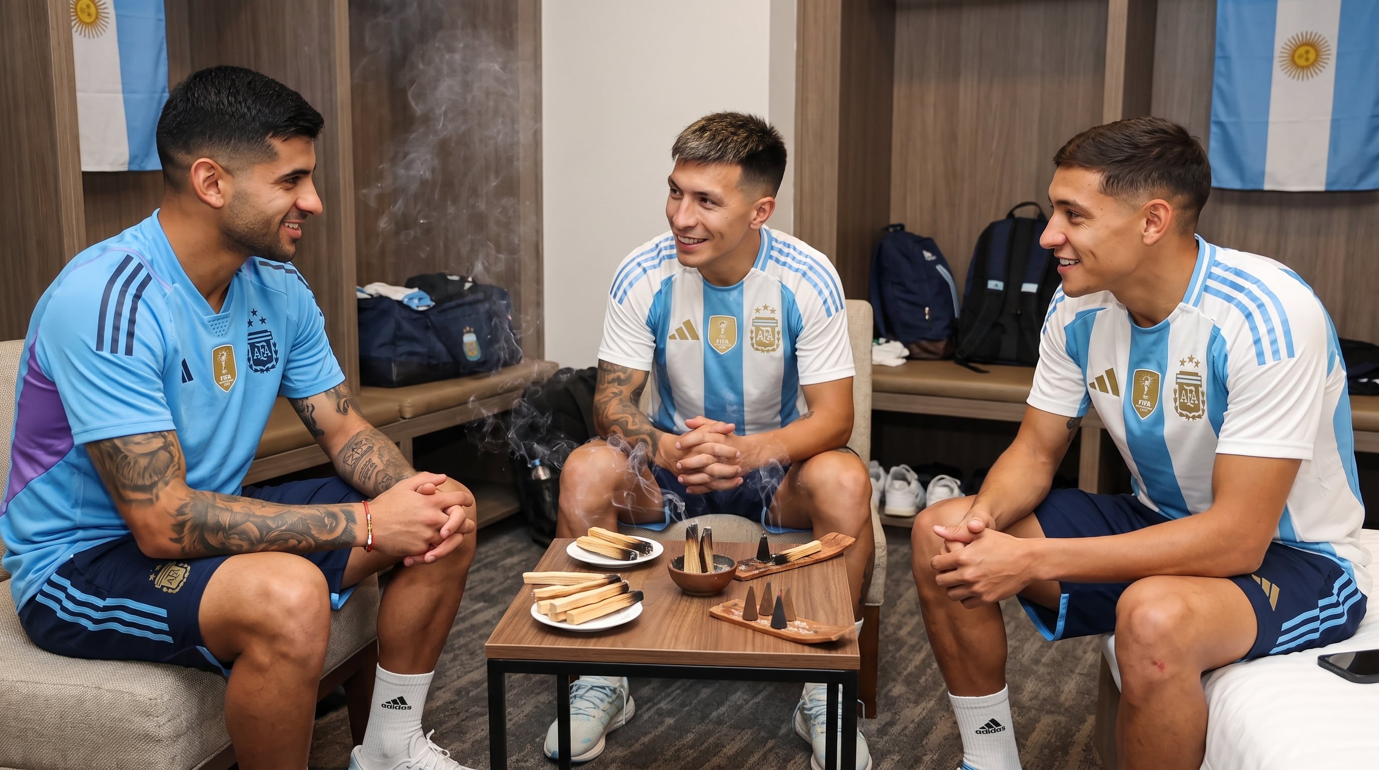 Cristian Romero, Lisandro Martínez y Nahuel Molina se distienden en la concentración de la selección argentina, con saumerios y palo santo encendidos sobre la mesa. (Imagen Ilustrativa Infobae)