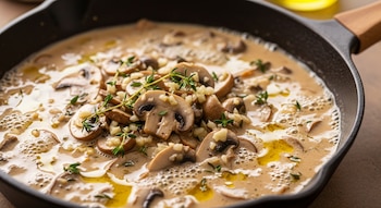 Salsa cremosa de champiñones rebanados y ajo picado burbujeando en una sartén de hierro fundido negra. Ramitas de tomillo fresco flotan en la superficie.