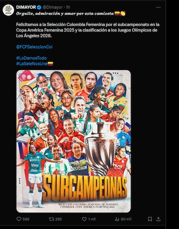 La División Mayor del Fútbol Colombiano (Dimayor) que celebró el desempeño de La Tricolor en el torneo continental - crédito @Dimayor/X