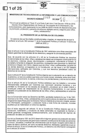 El Gobierno Nacional reglamentó la Ley 2489 de 2025 con el Decreto 0769 de 2026 para reforzar la protección de menores en internet, mientras en el Congreso avanza una propuesta para restringir el acceso de los menores de 16 años a redes sociales si las plataformas no aplican controles estrictos - crédito Ministerio de las TIC