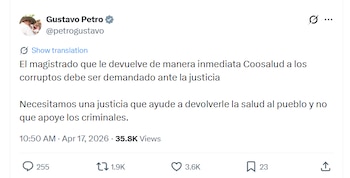 El presidente Gustavo Petro cuestionó la decisión del Tribunal Administrativo de Bolívar que suspendió la intervención de Coosalud EPS - credito @petrogustavo/X