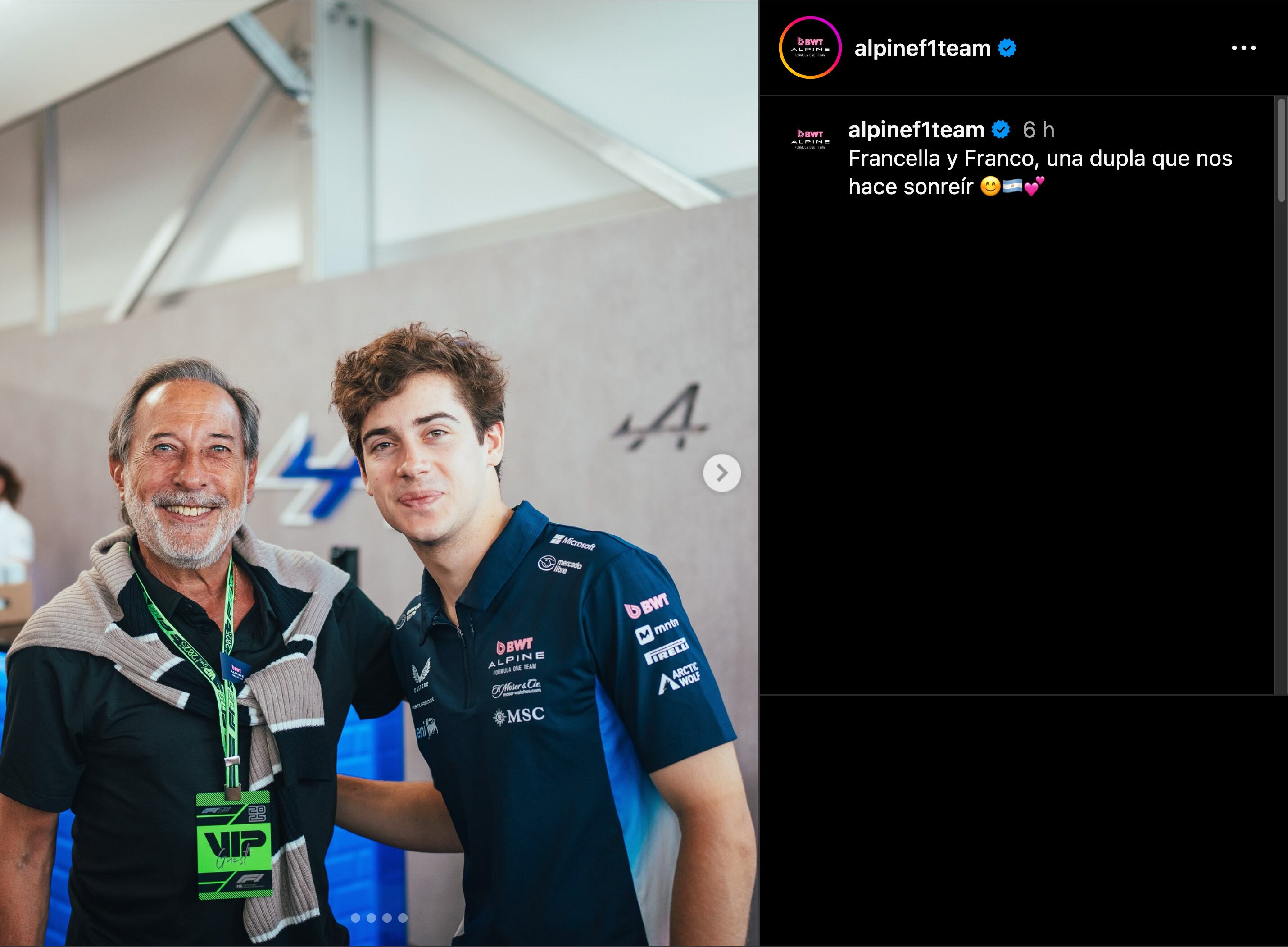 Uno de los comentarios de Alpine por la visita de Guillermo Francella a Franco Colapinto (@alpinef1team)