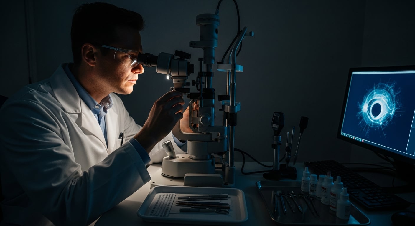 Un médico oftalmólogo analiza una imagen del ojo en una pantalla mientras opera un equipo de exploración ocular durante una consulta. (Imagen Ilustrativa Infobae)