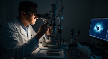 Hombre con bata de laboratorio examina un equipo oftalmológico junto a un monitor con un diagrama de ojo. Sobre la mesa hay instrumentos médicos y botellas.