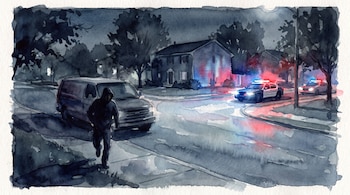 Ilustración en acuarela de una escena nocturna con dos patrullas policiales frente a una casa, una figura masculina caminando hacia una camioneta.