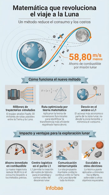Infografía sobre matemáticas para viajes lunares, mostrando la Tierra, la Luna, una nave, ahorro de 58.80 m/s de combustible y módulos sobre el método.