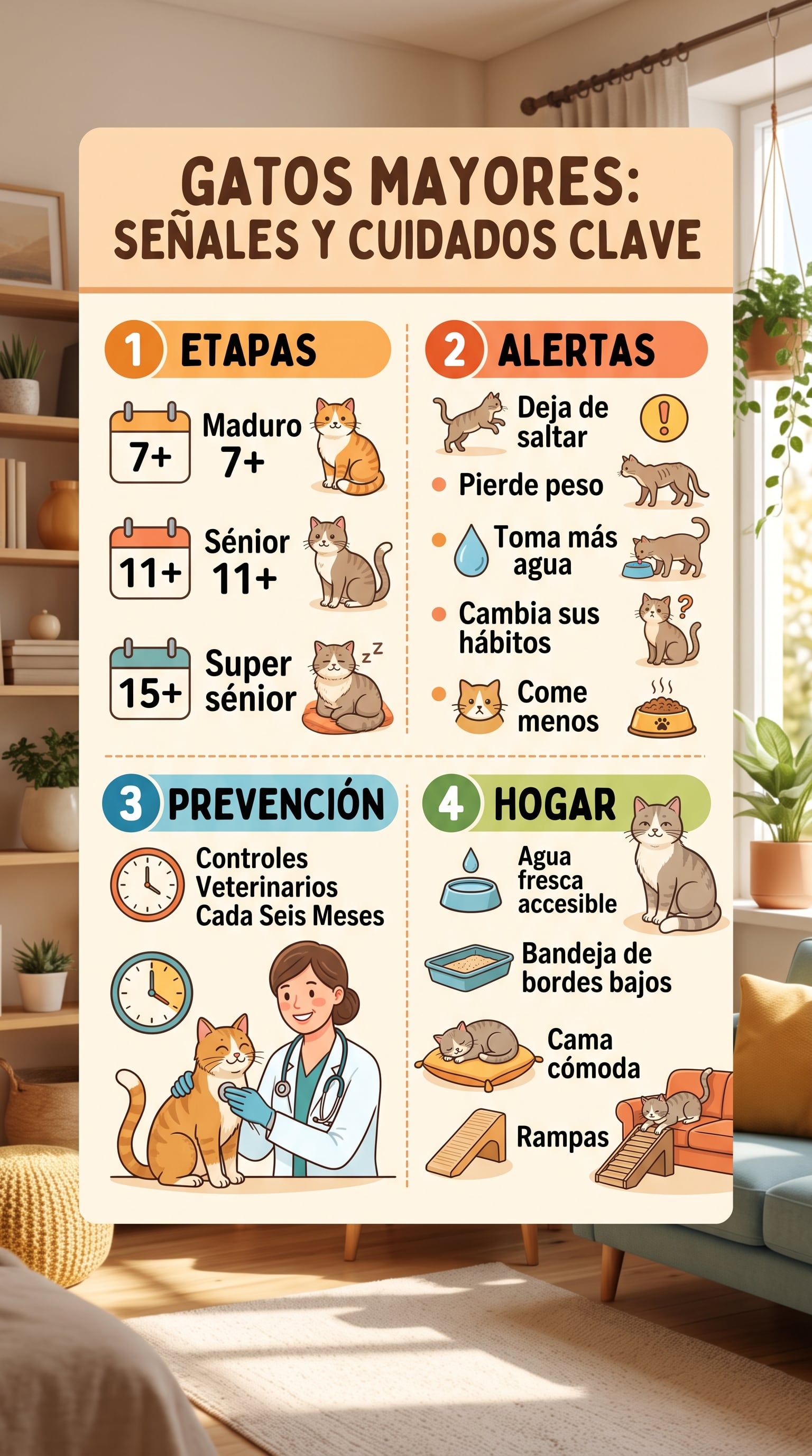 Las etapas de envejecimiento en los gatos, las señales de alerta de salud y las adaptaciones necesarias en el hogar. (Imagen Ilustrativa Infobae)