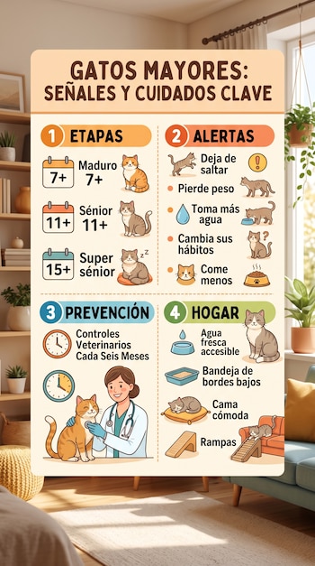 Infografía en cuatro secciones sobre gatos mayores con ilustraciones de felinos, calendarios, relojes y una consulta veterinaria.