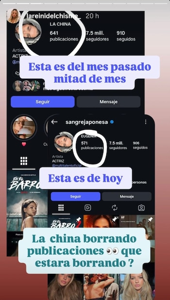 Dos capturas de pantalla de un perfil de Instagram, una con 641 publicaciones y otra con 571, ambas mostrando la foto de perfil de China Suárez