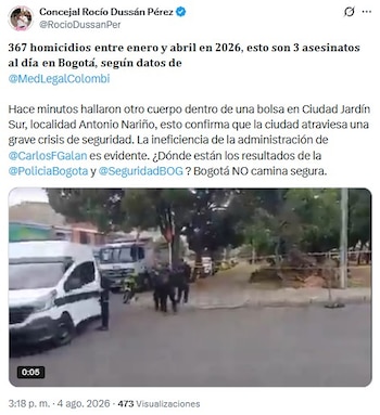 La concejal Rocio Dussan Pérez denunció la situación de inseguridad y a la Alcaldía de Bogotá, tras conocerse la noticia del hallazgo del cuerpo - crédito @RocioDussanPer/X