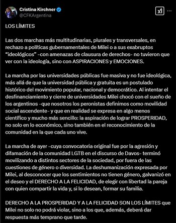 posteo de CFK sobre las marchas contra Milei