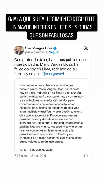 Mario Vargas Llosa falleció a