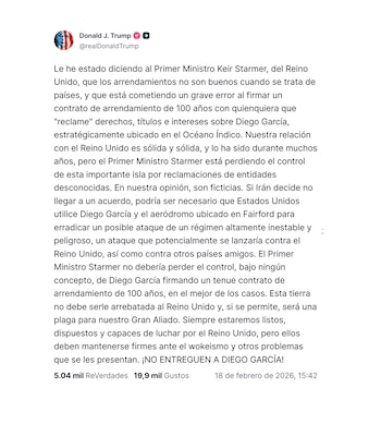 El mensaje publicado por Donald