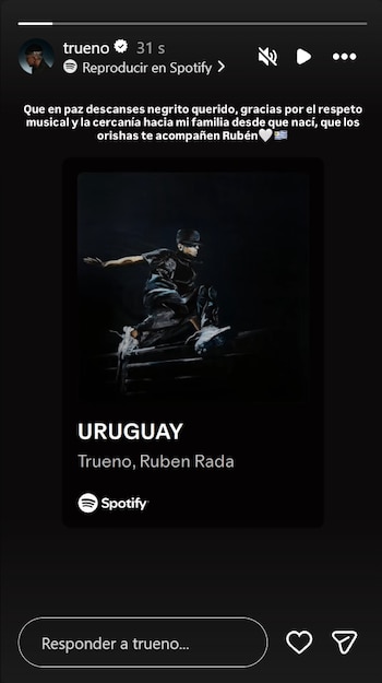 Captura de pantalla de una publicación en Instagram con un mensaje dedicado a Rubén Rada y una reproducción de Spotify