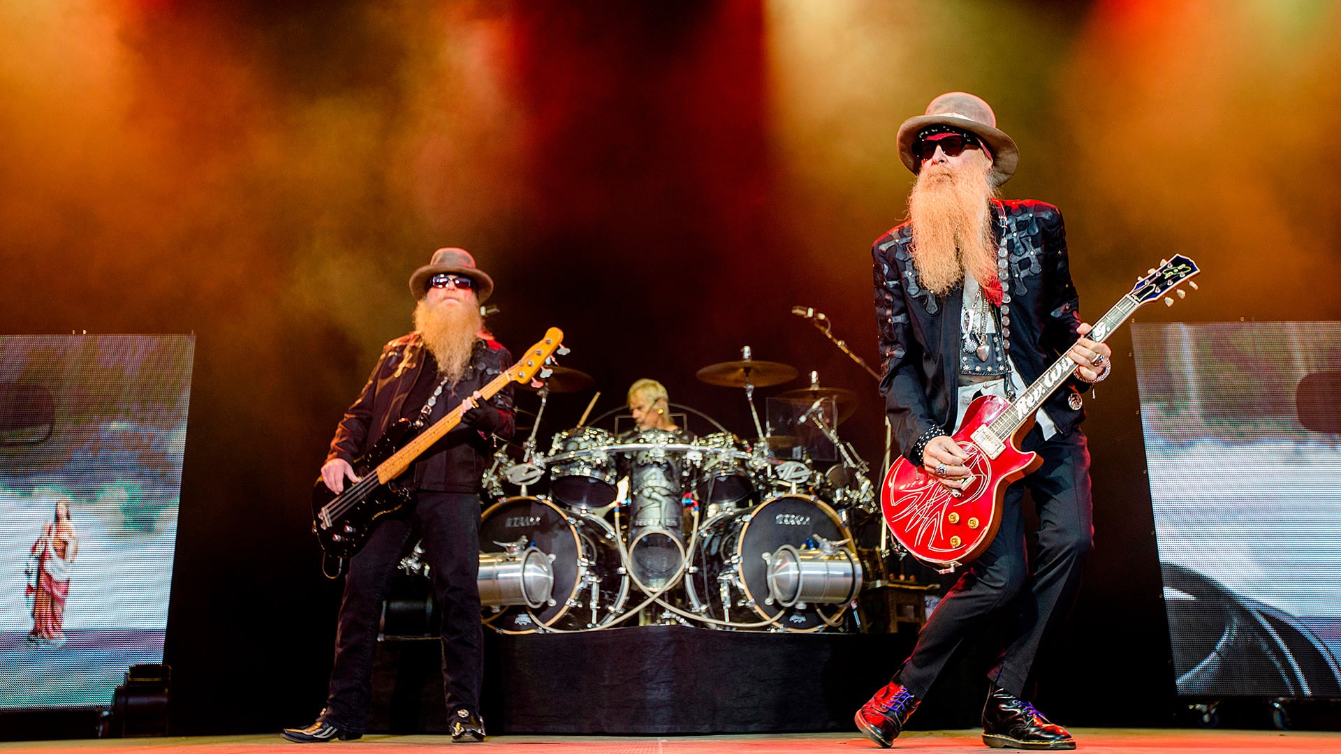 The American rock band ZZ Top performs a live concert at the Norwegian music festival Bergenfest 2014. The trio consists of Billy Gibbons (R), Dusty Hill (L) and Frank Beard. Norway, 11/06 2014. (Grosby)